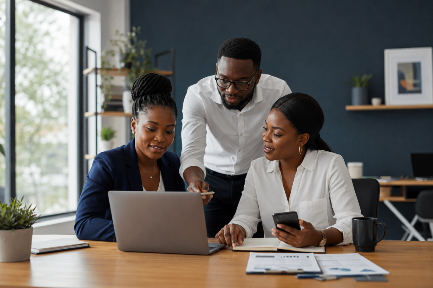 Small-business team collaborating on a laptop and smartphone in a mobile-first workplace